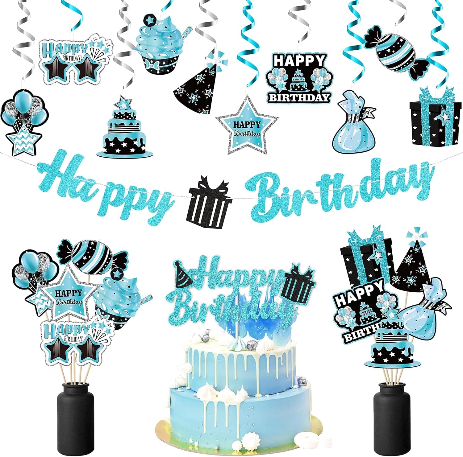 Haooryx 42Pcs Teal Birthday Party Decoration Kit, Teal Silver Black and Blue Happy Birthday Banner Hanging Swirls Cake Topper Table Centerpiece Stick for Boys Girls Adult Birthday Party Decor Supplies
