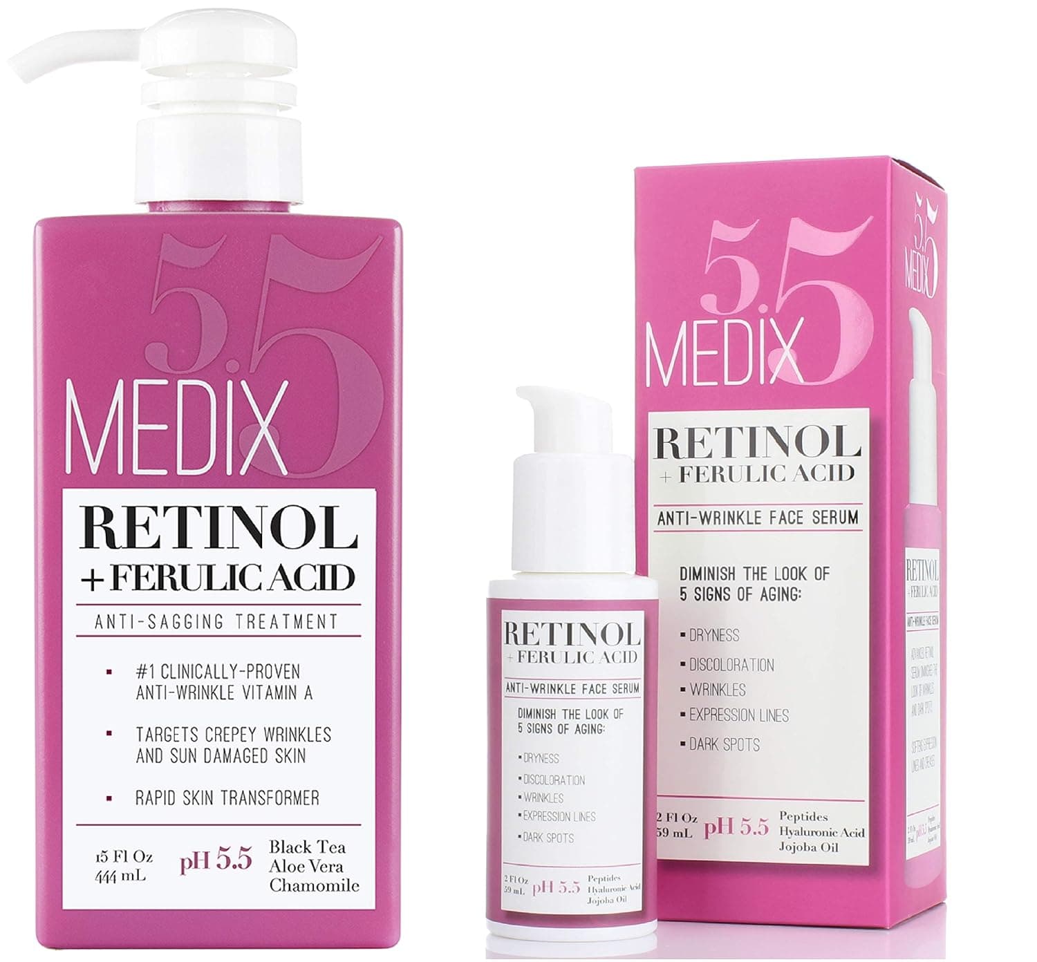Medix 5.5 Retinol Cream & Retinol Serum two-piece set. Anti-aging retinol set w/ferulic acid for wrinkles, fine lines, expression lines, dark spots. 2-Piece Set