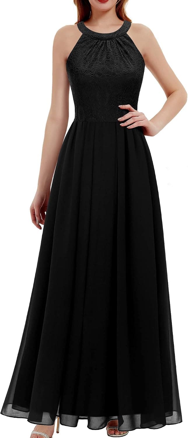Dressystar Women's Summer Long Formal Dress Halter Lace Dress Wedding Bridesmaid Party Gown