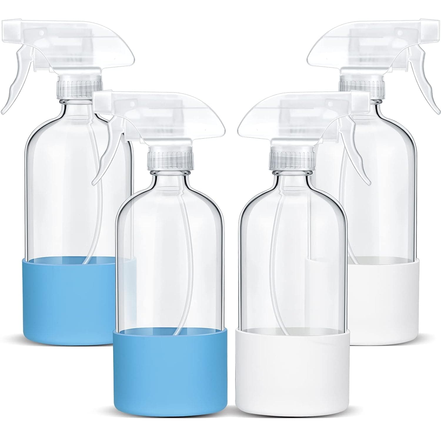 CHENGU 4 Packs Empty Glass Spray Bottles with Silicone Sleeve, 17 oz Refillable Container Clear Spray Bottles for Cleaning Solutions, Essential Oils, Misting Plants (Blue, White)