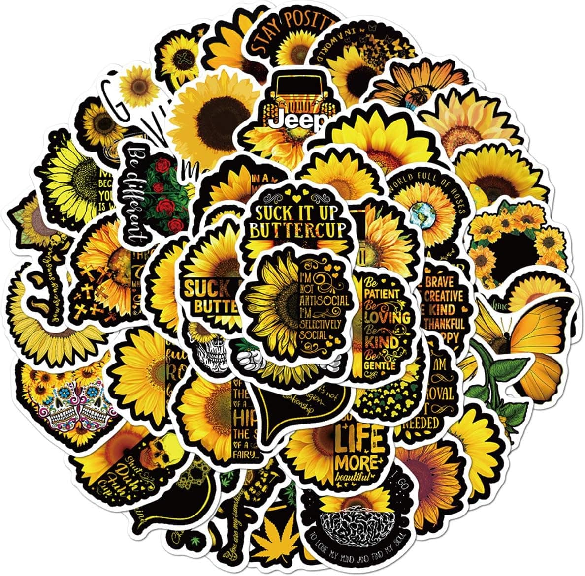Sunflower Stickers Pack for Water Bottle,Waterproof Vinyl Cute Stickers Perfect for Hydro Flask Laptop Phone Car Skateboard Travel Case Bicycle Bumper Snowboard Decor （Sunflower 50 Pcs）