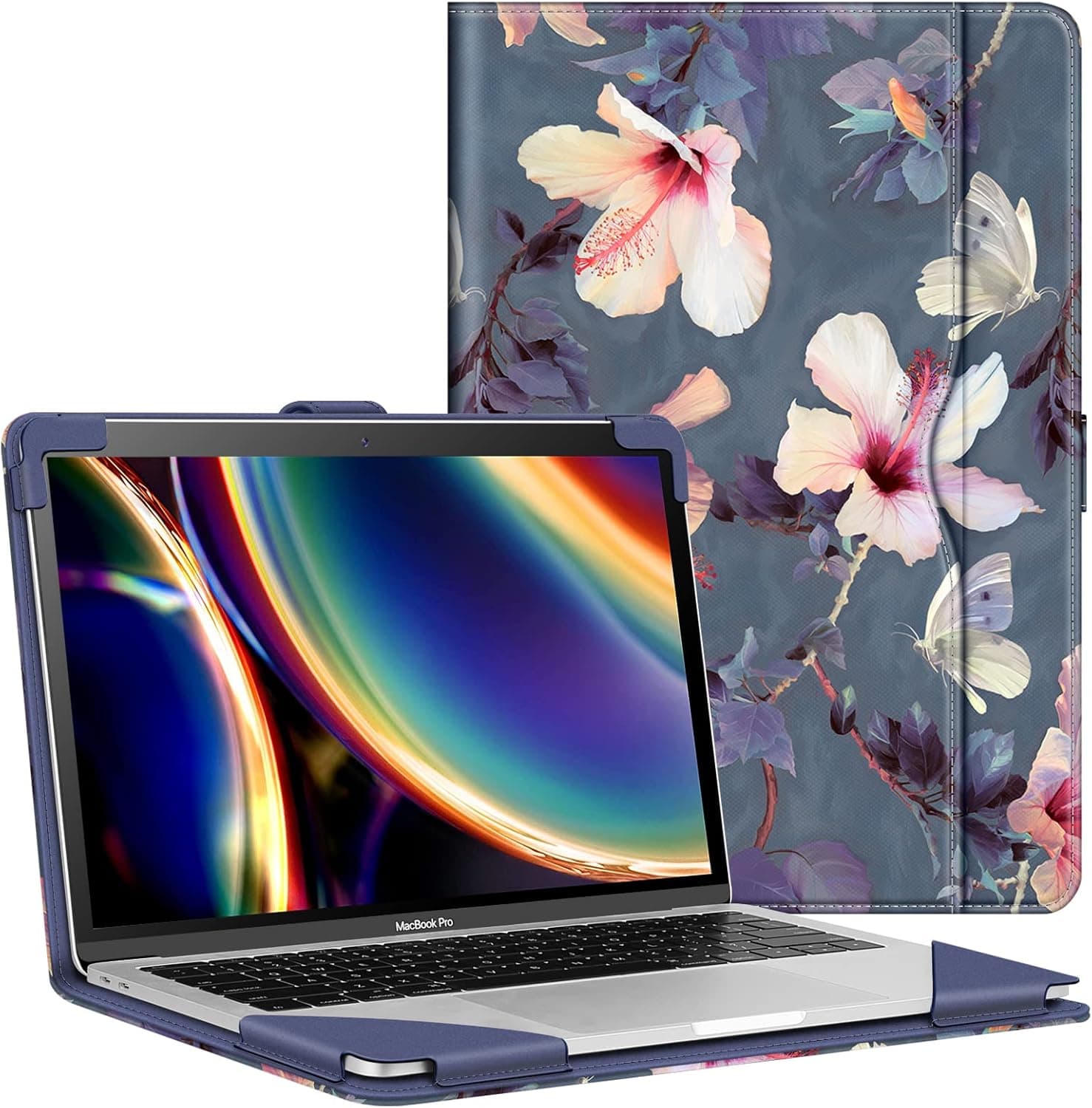 Fintie Sleeve Case for MacBook Air 13 A2237/A2179/A1932 (2018-2021), Compatible w/MacBook Pro 13 A2338/A2251/A2289/A2159/A1989/A1706/A1708 (2016-2020), PU Leather Folio Book Cover, Blooming Hibiscus