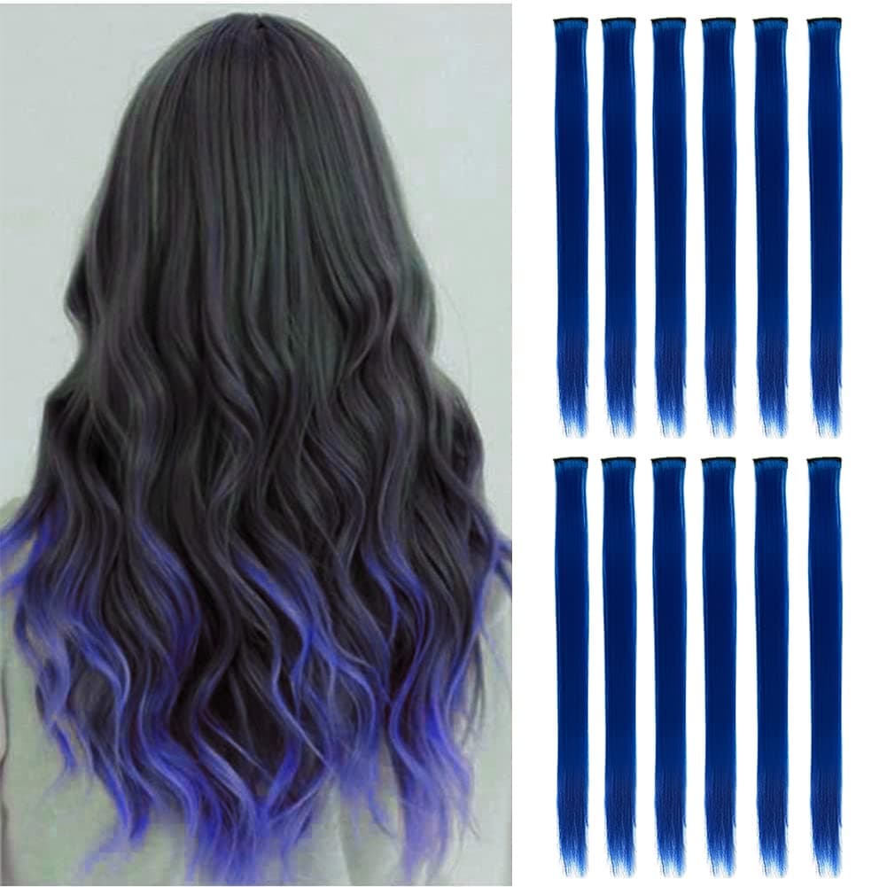 Ubeleco Colored Hair Extensions, 22 Inch 12 PCS Colorful Hair Extensions for Kids Straight Hair Synthetic Hairpieces Halloween Cosplay Party Christmas New Year Gift (Blue)