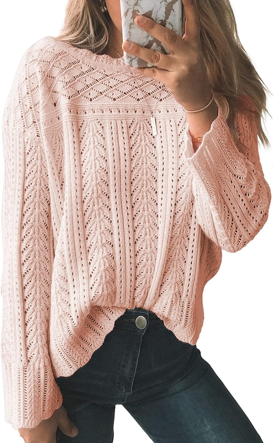 Sidefeel Womens Hollow Out Crochet Long Sleeve Crewneck Pullover Sweaters Fall Knit Jumper Tops