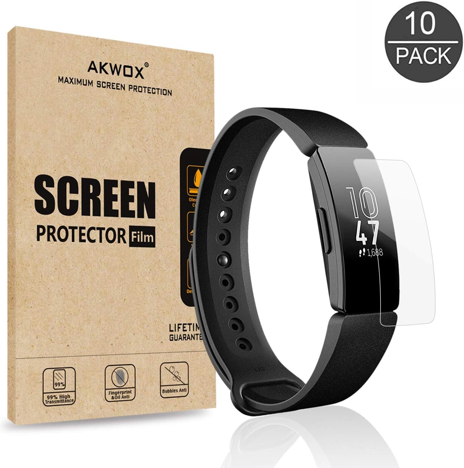 [10-Pack] Screen Protector for Fitbit Inspire HR/Fitbit Inspire, Akwox Full Coverage Anti-Bubble Screen Protective Film