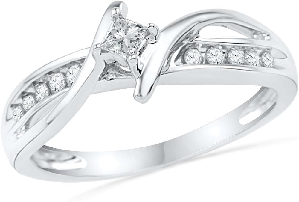 10KT White Gold Princess and Round Diamond Bypass Promise Ring (1/5 CTTW)