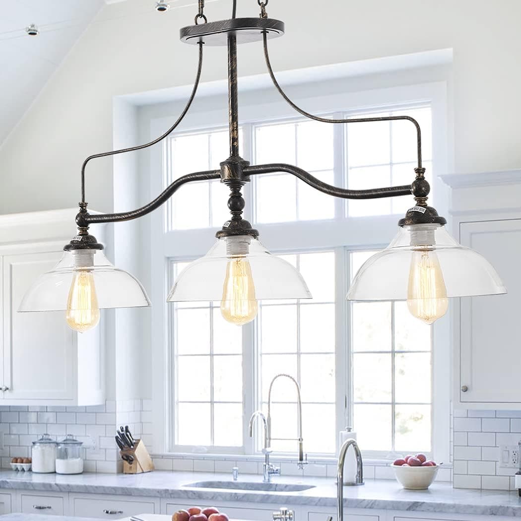 3 Lights Large Glass Pendant Light, Farmhouse Dining Room Chandelier Kitchen Lighting Fixture Over Island