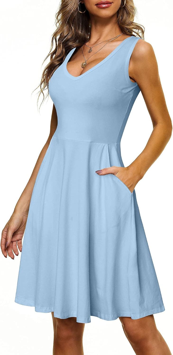 HUHOT Womens Sleeveless V Neck Dress with Pocket Summer Beach Midi Flared Tank Dress