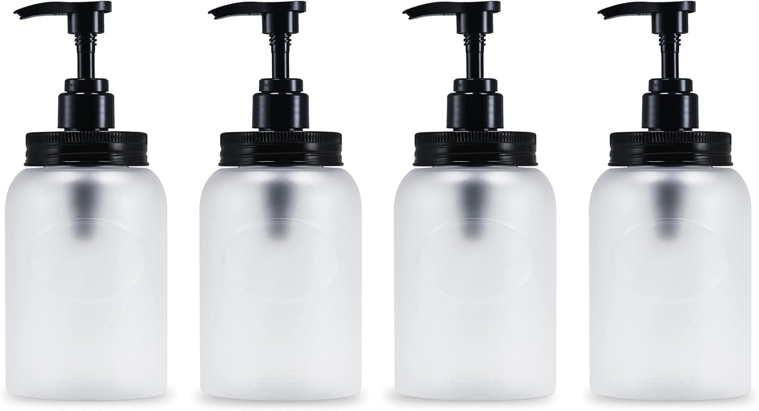 Bottiful Home-24 oz Plastic Refillable Wide-Mouth Jar Style Pump Bottle Dispenser Set of 4 for Shampoo, Conditioner, Wash, Soap, Lotion, Dish Soap, Sanitizer, Detergent (Frosted Clear)