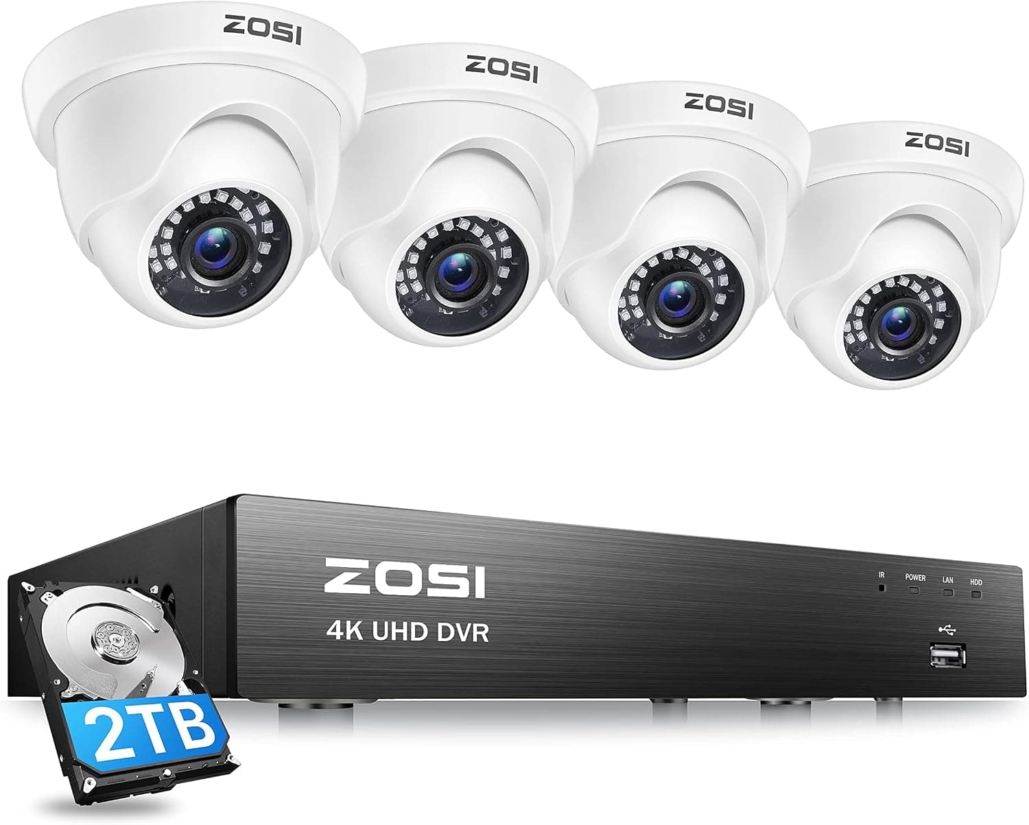 ZOSI 4K Ultra HD Home Security Camera System Outdoor Indoor, H.265+ 8 Channel CCTV DVR with 4 x 4K (8MP) Surveillance Dome Camera Weatherproof, 150ft Night Vision, 2TB Hard Drive, Remote Access