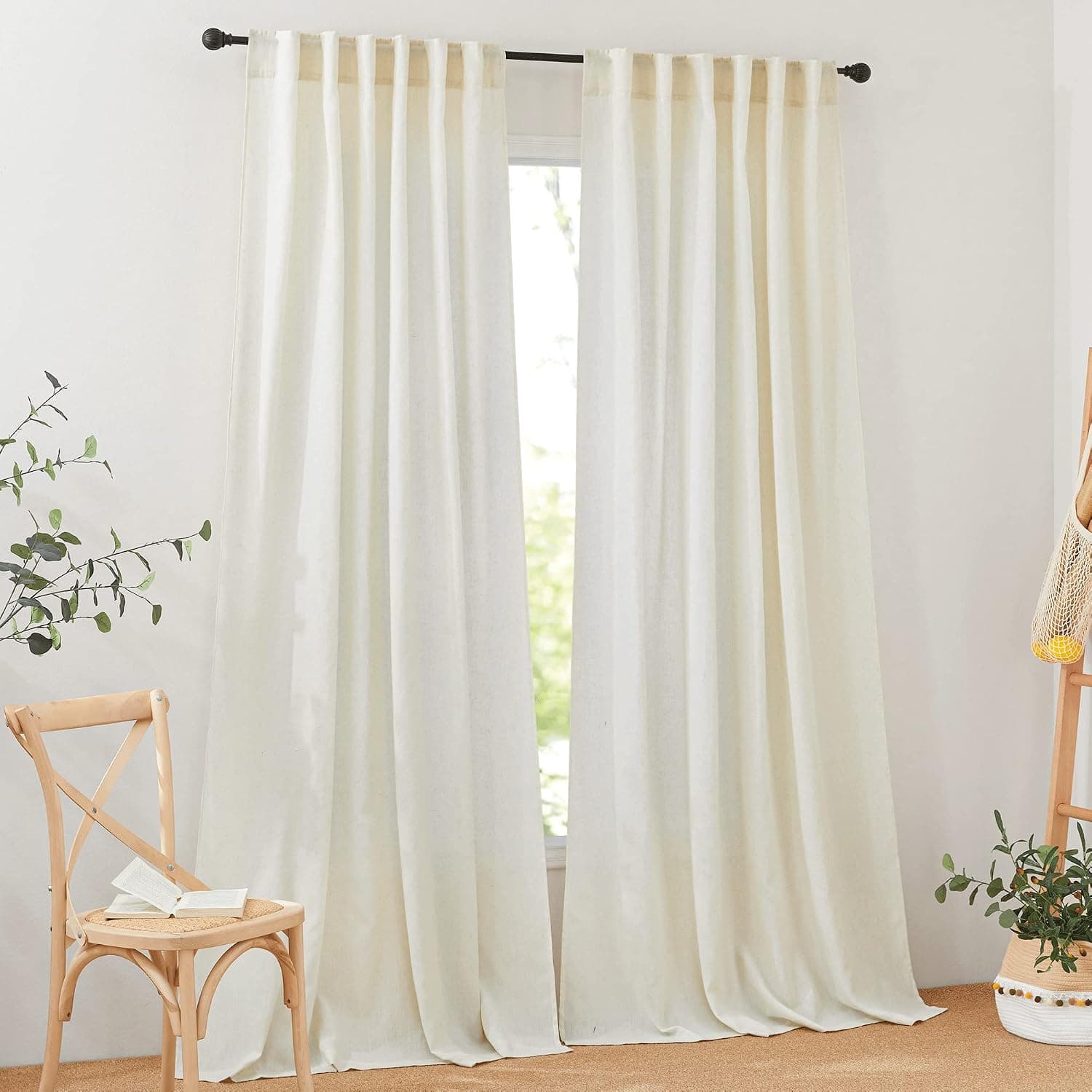 PONY DANCE Cream Beige Sheer Curtains 96 Inches Long for Bedroom 2 Panels Back Tab Natural Vintage Thick Linen Airy Soft Semi Transparent Drapes for Living Room Bay Window Cottage Cabin Decorative