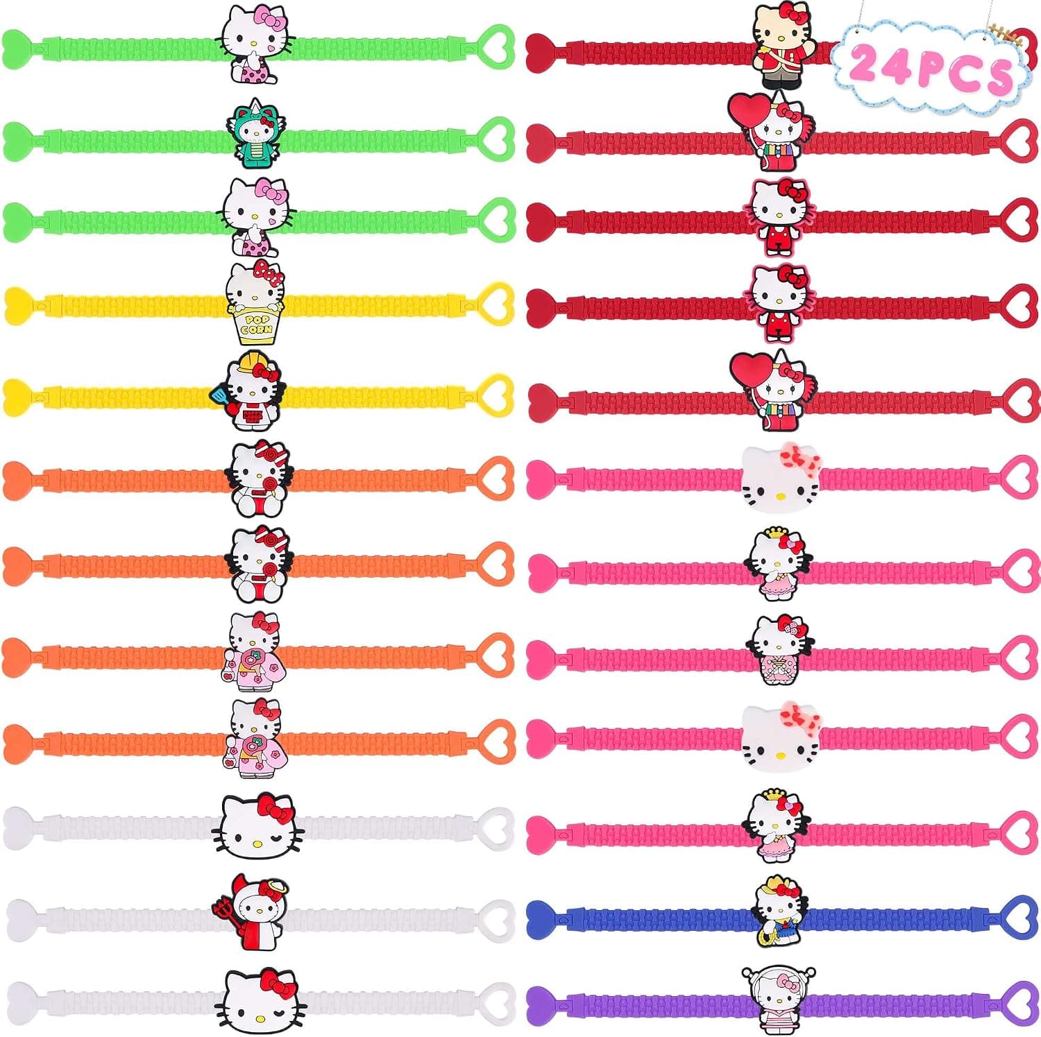 24PCS Cute Kitty Rubber Bracelets Adjustable Silicone Wristband for Kids Girls Birthday Party Gifts Supplies Favors Decorations Classroom School Prize Rewards
