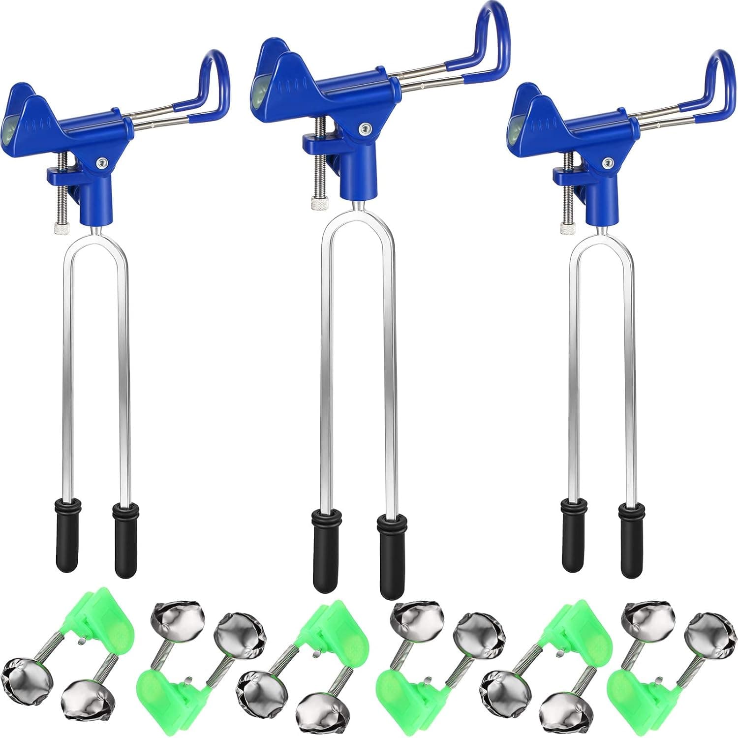3 Pieces Rod Holder for Bank Fishing, Fish Pole Holder Ground Adjustable Bank Fishing Rod Rack Stand and 6 Pieces Fishing Rod Alarm Bell, for Men