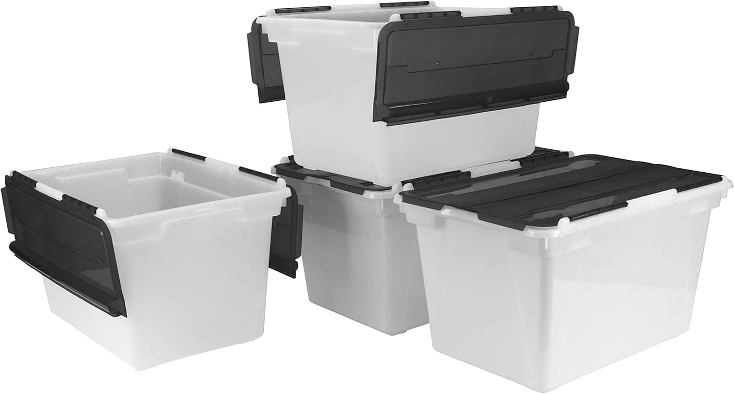 Storex Flip-Top Storage Tub, 22.5 x 15.25 x 13 Inches, Frost/Black, Case of 4 (00903C04C)
