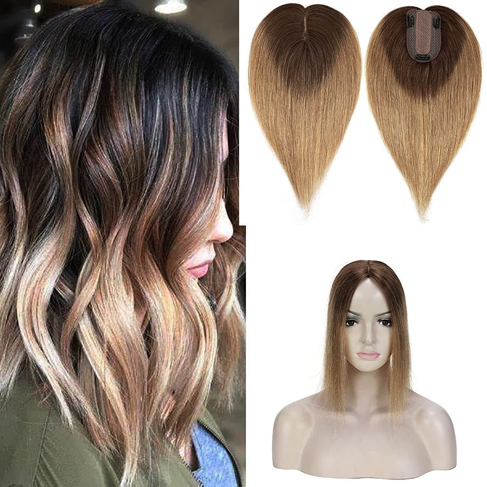 SEGO 100% Real Human Hair Toppers for Women With Thinning Hair Top Wiglets Hairpieces 150% Density Silk Base Clip in Topper 12 Inch 4T27# Medium Brown ombre Dark Blonde