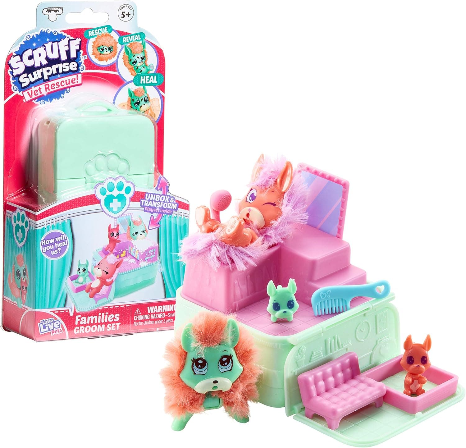 Little Live Pets Scruff Surprise Vet Rescue - Groom Set with Dog Family - Mini Collectible Scruff-a-Luvs