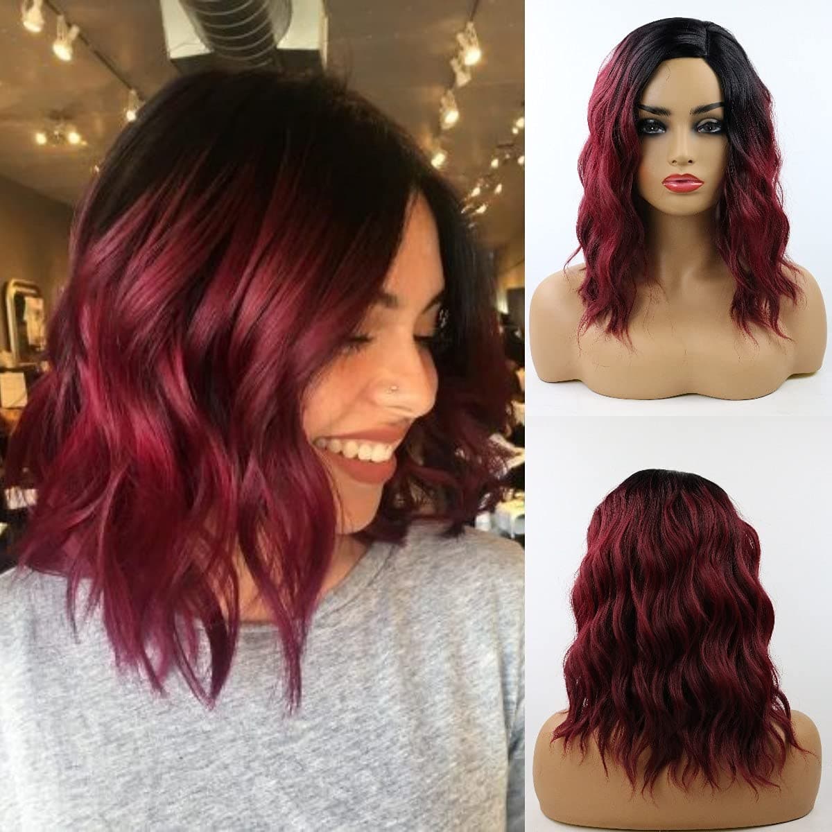 TopWigy Women Wavy Bob Wig Short Curly Wine Red Wig Shoulder Length Side Part for Costume Party Daily Use (Black to Wine Red)