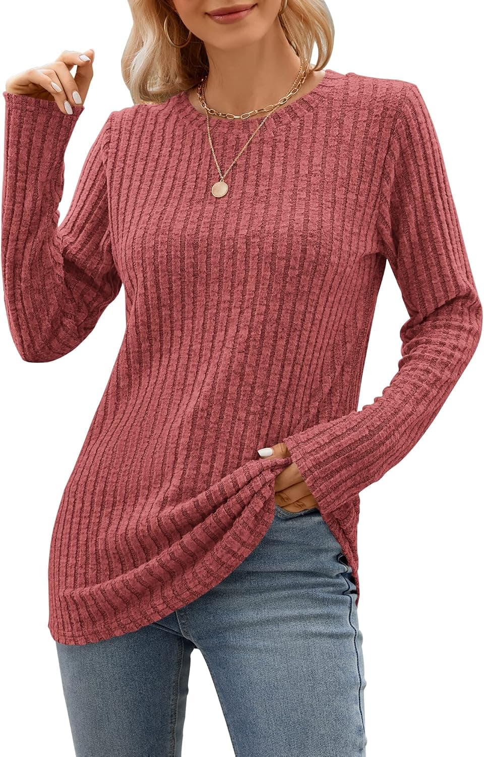 WNEEDU Long Sleeve Shirts for Women Round Neck Casual Lightweight Tunic Tops