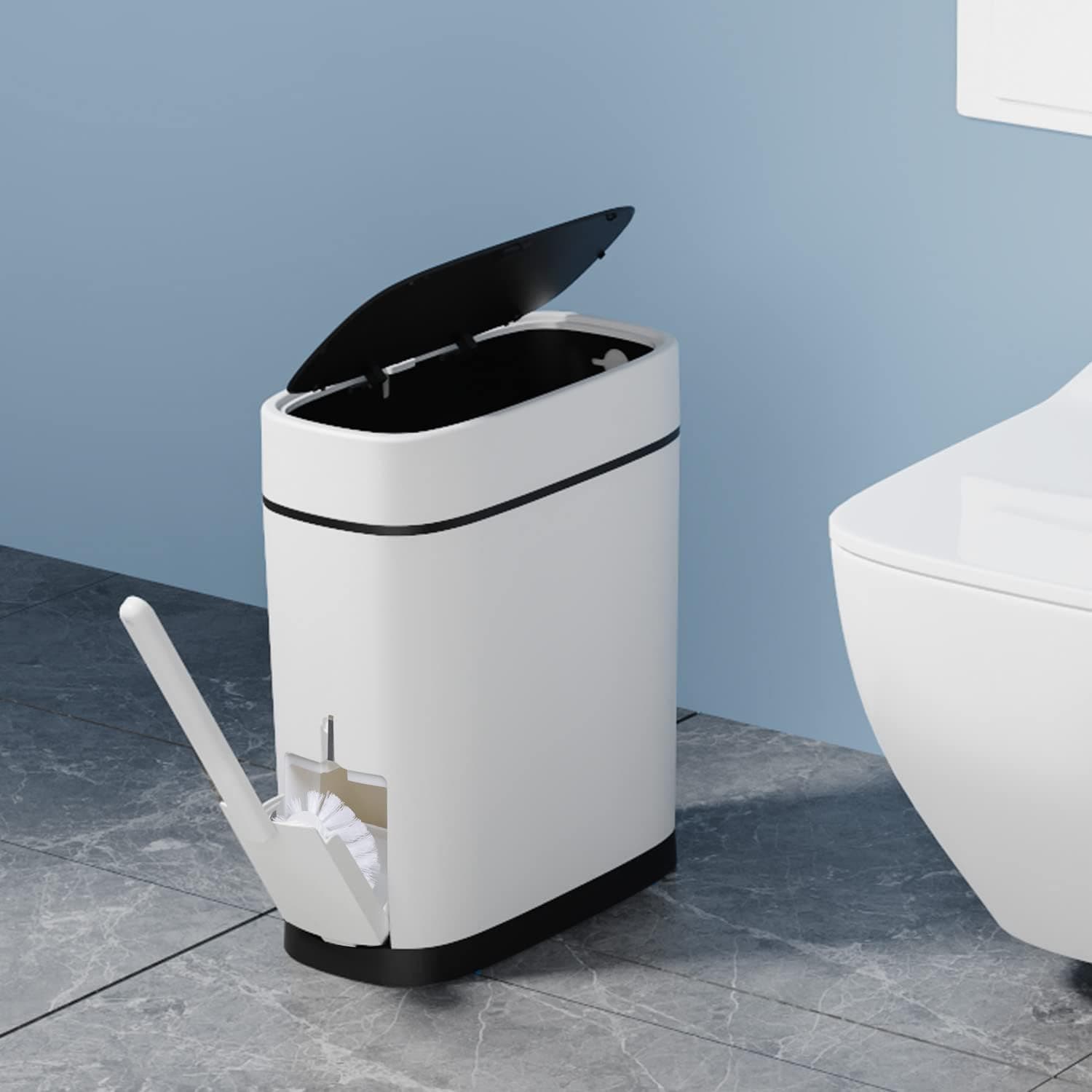 WOA WOA 3.7 Gallons Bathroom Trash Can with Toilet Brush Holder | 14 Liter White Plastic Garbage Can with Black Locking Press Top Lid | Dogproof Slim Rectangular Trash Bin for Toilet