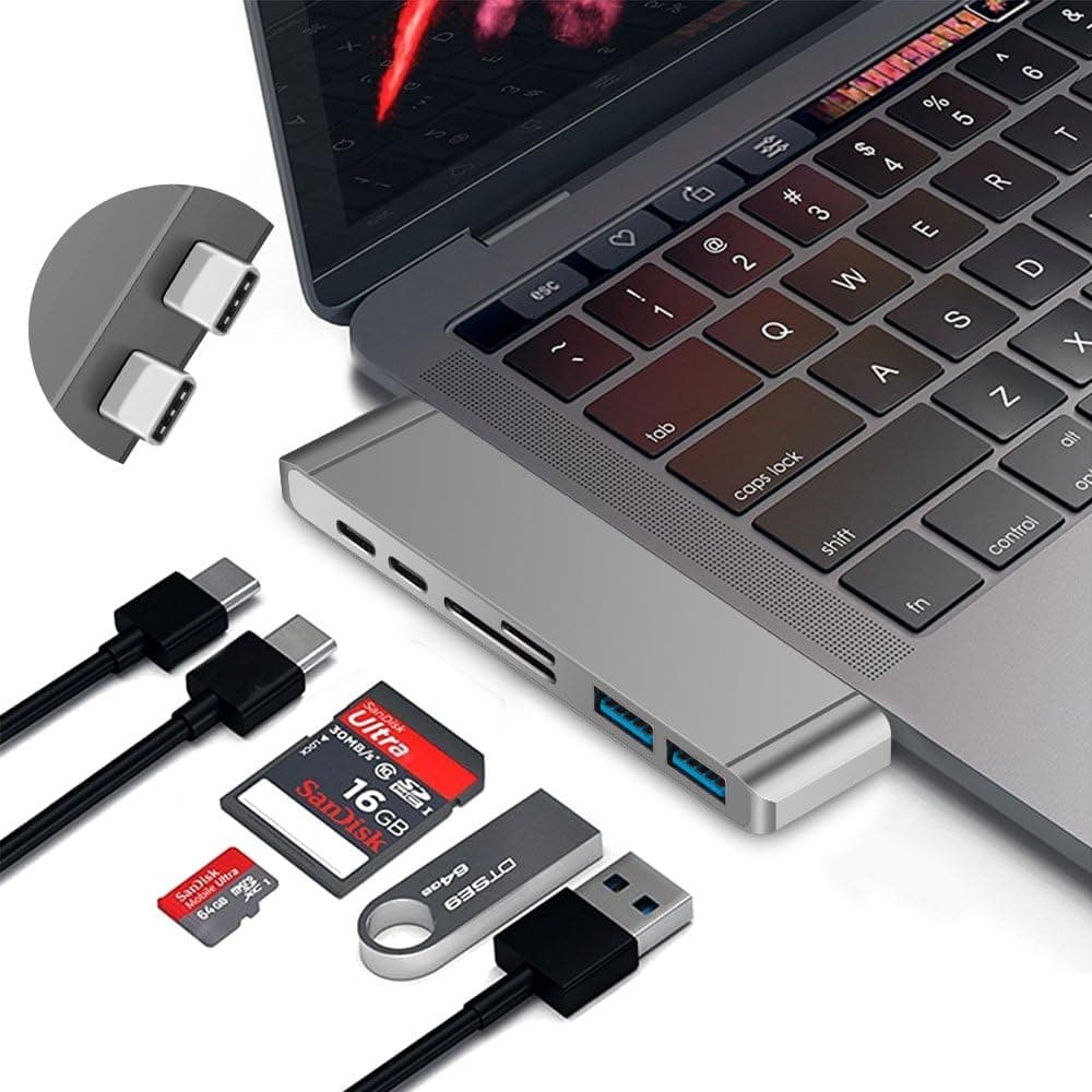 Ubit 6 in 1 USB Type C Adapter Hub - Multiport Type-C Hub Aluminum 40Gbs Thunderbolt 3, 2 USB 3.0 Ports, Type C Charging Port, SD/Micro SD Card Reader for MacBook Pro (Space Gray)