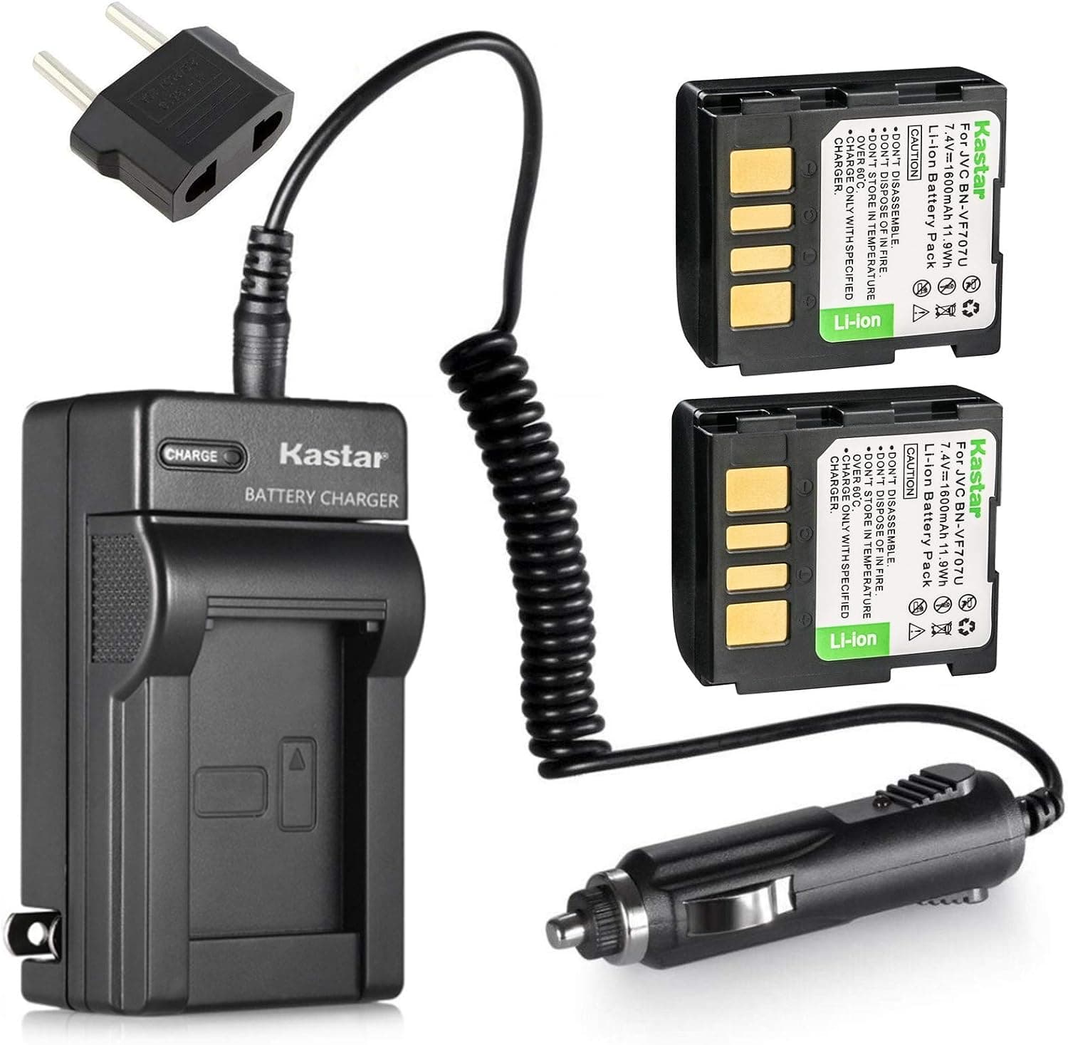Kastar Battery (2-Pack) and Charger Kit for JVC BN-VF707 BN-V707U GR-D396 GR-D450 GR-D570 GR-D645 GR-D650 GR-DF450 GR-DF470 GR-DF570 GZ-DF470 GZ-MG27 GZ-MG37 GZ-MG67 GZ-MG70 GZ-MG77 GZ-MG500 GZ-MG505
