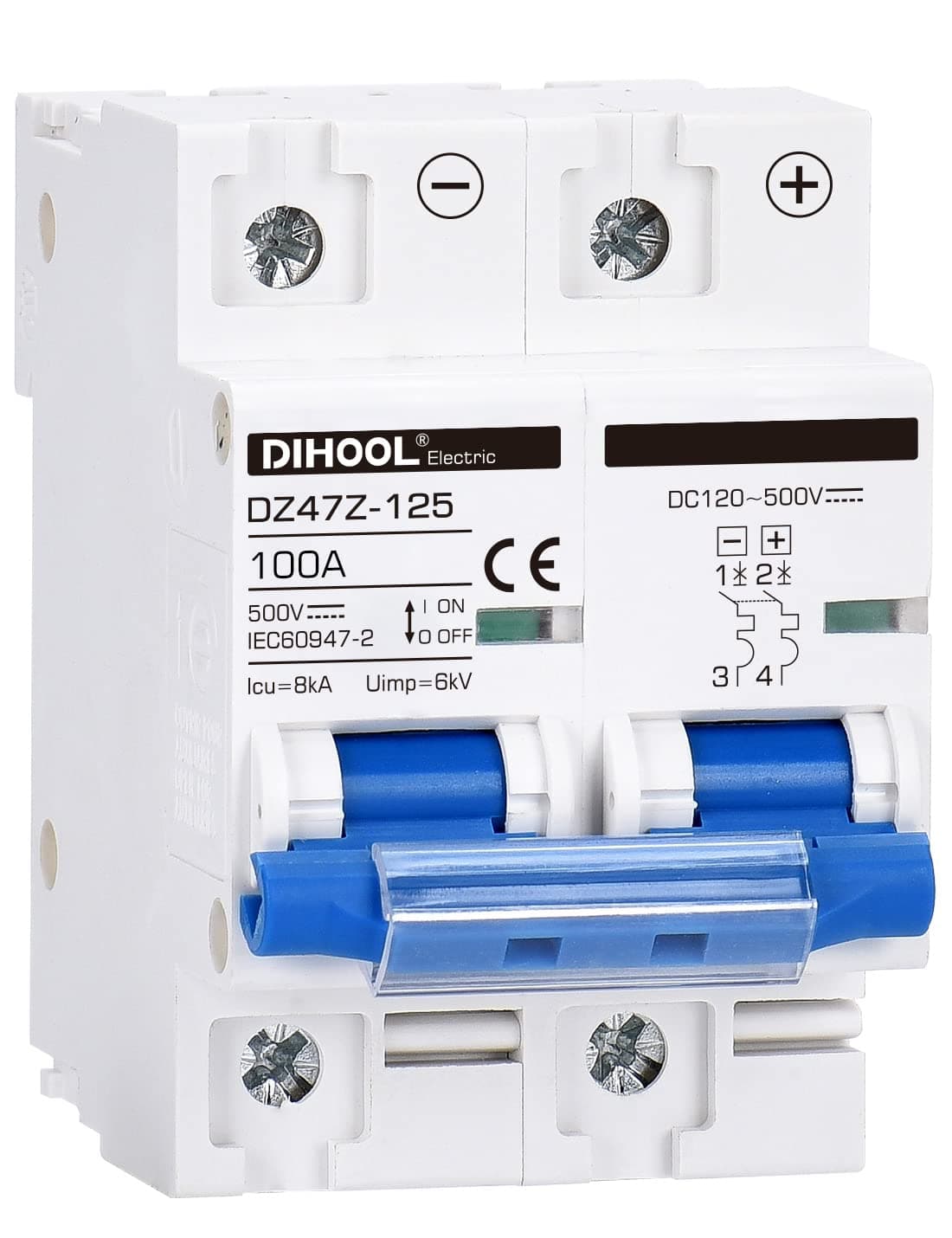 DIHOOL dc Circuit Breaker 100 Amp 2-Pole 500V DIN Rail Mount Solar Disconnect Switch
