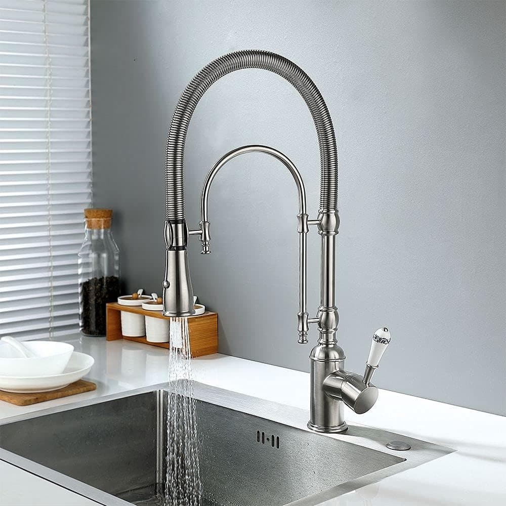 KunMai Single Handle High Arc Swiveling Dual-Mode Pull-Down Sprayer Kitchen Sink Faucet with Porcelain Handle in Brushed Nickel,Lead-Free Solid Brass Pre Rinse Faucet