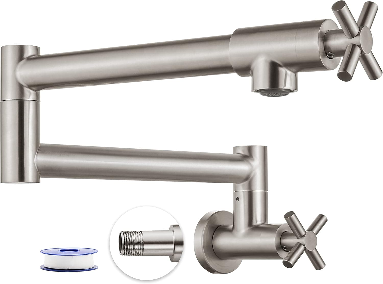 Heyalan Pot Filler Kitchen Faucet Stainless Steel SUS304 Two Cross Handle Single Hole 19" Spout Wall Mounted Stretchable Swing Arm Brushed Nickel Commercial Kitchen Faucet Control Water