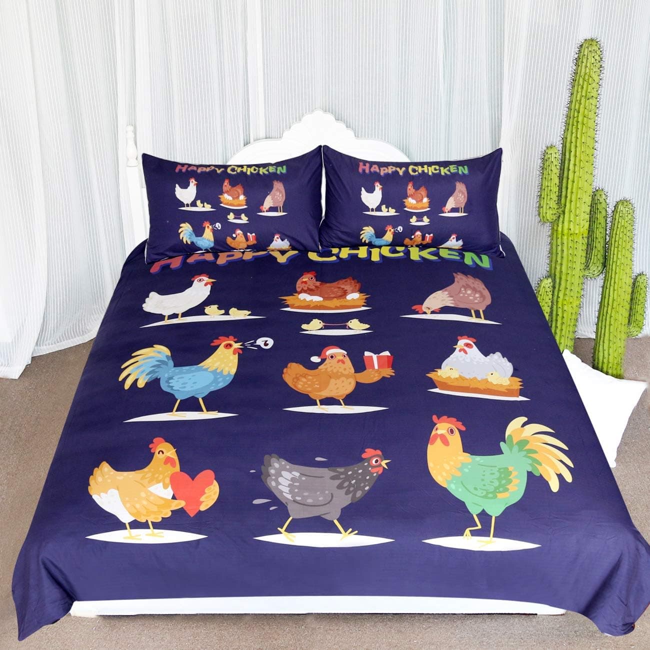 ARIGHTEX Funny Cartoon Chicken Pattern Bedding 3 Piece Brown Hen and White Rooster Duvet Cover Colorful Animals Bed Set (Twin)