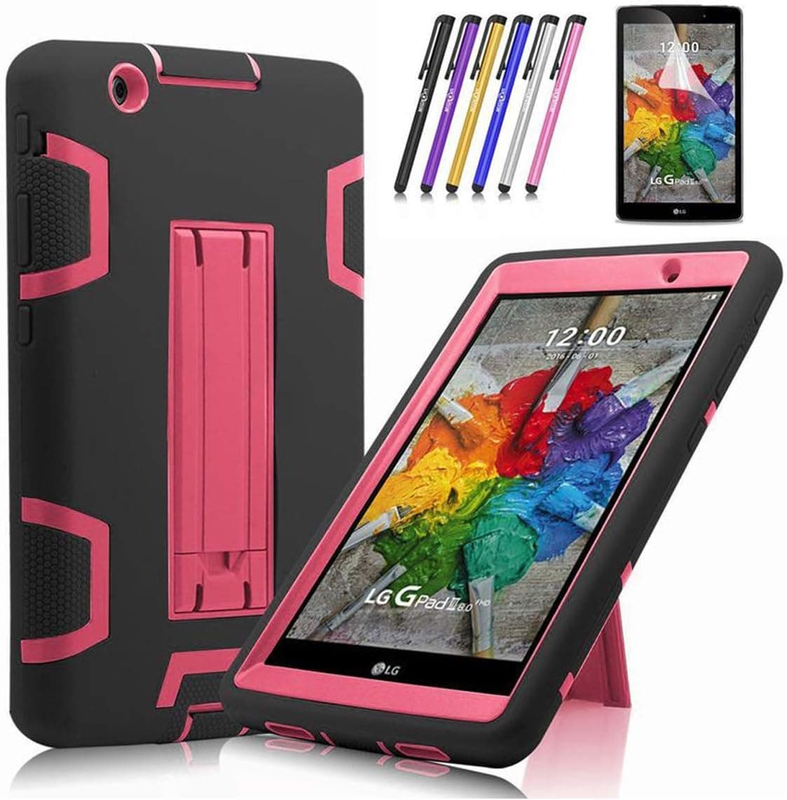 Windrew Heavy Duty Rugged Impact Hybrid Case with Build in Kickstand Protective Case for LG G Pad X 8.0 / LG GPad III 3 8.0 Inch Tablet + Screen Protector Film and Stylus Pen (Black/Pink)