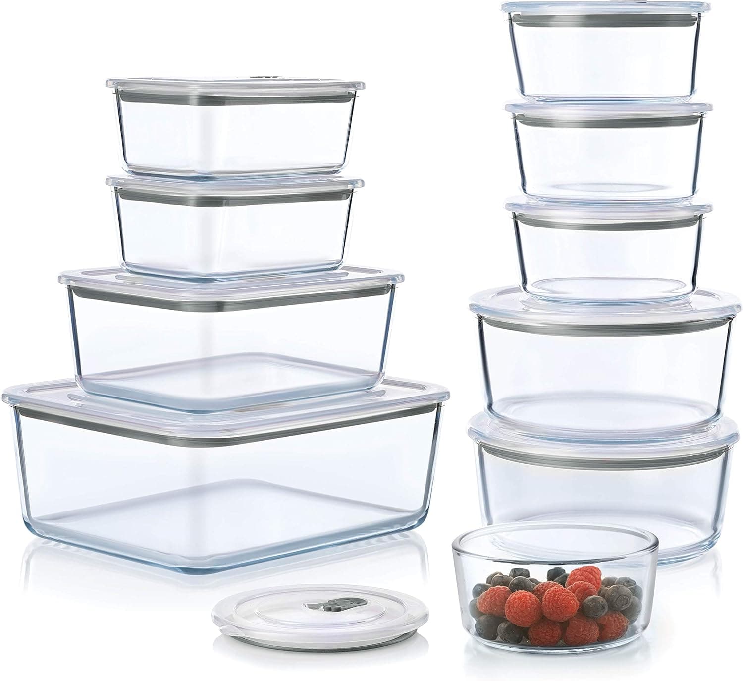 FineDine 20-Piece Glass Food Storage Container Set - 100% Leakproof, BPA-Free, and Oven Safe - Perfect for Meal Prep and On-the-Go (Grey)