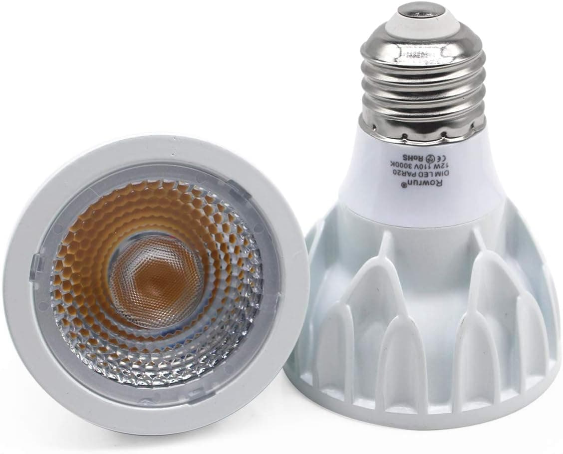 Rowrun E26 LED Bulb PAR20 12W Soft White Dimmable 3000K COB Spot Light 24°Beam Angle Indoor Flood Light Range Hood Bulb 2-Pack