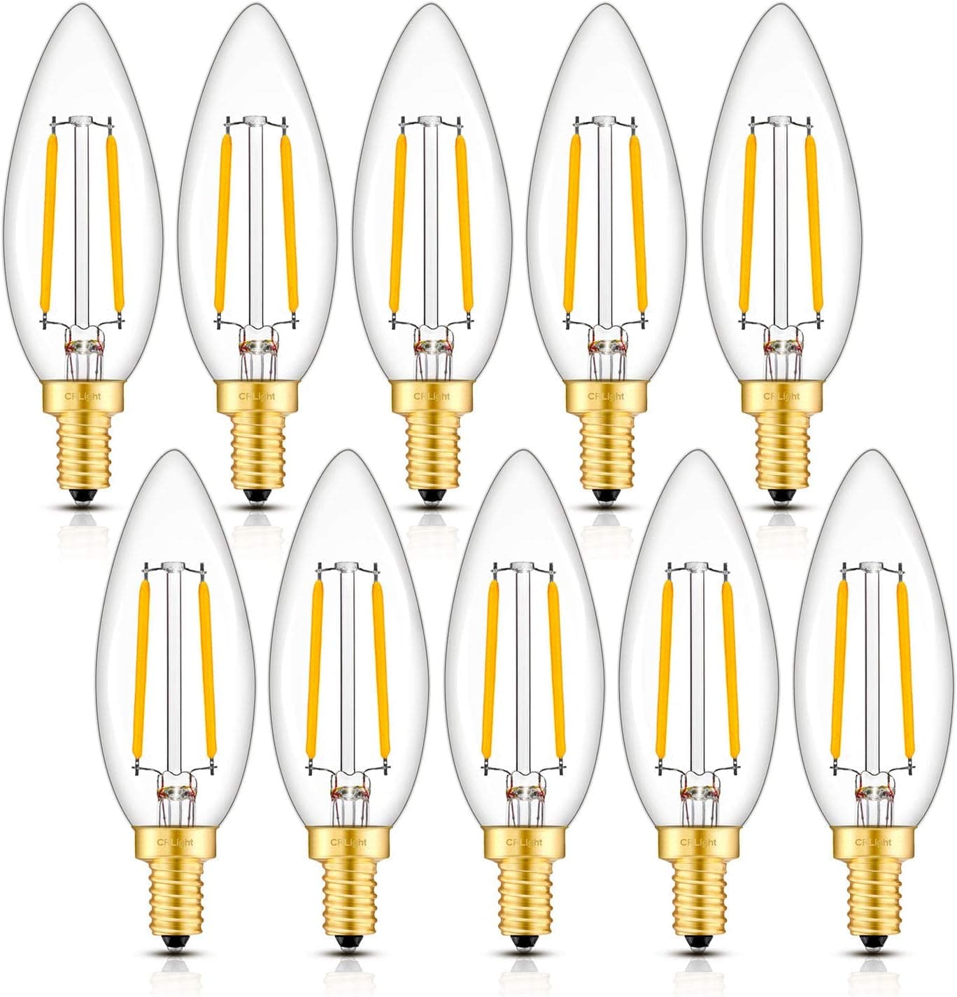 CRLight 2W 250LM LED Candelabra Bulb 2700K Warm White, 25W Incandescent Equivalent E12 Base Dimmable LED Candle Bulbs, B10 Clear Glass Torpedo Shape Bullet Top, 360 Degrees Beam Angle, 10 Pack