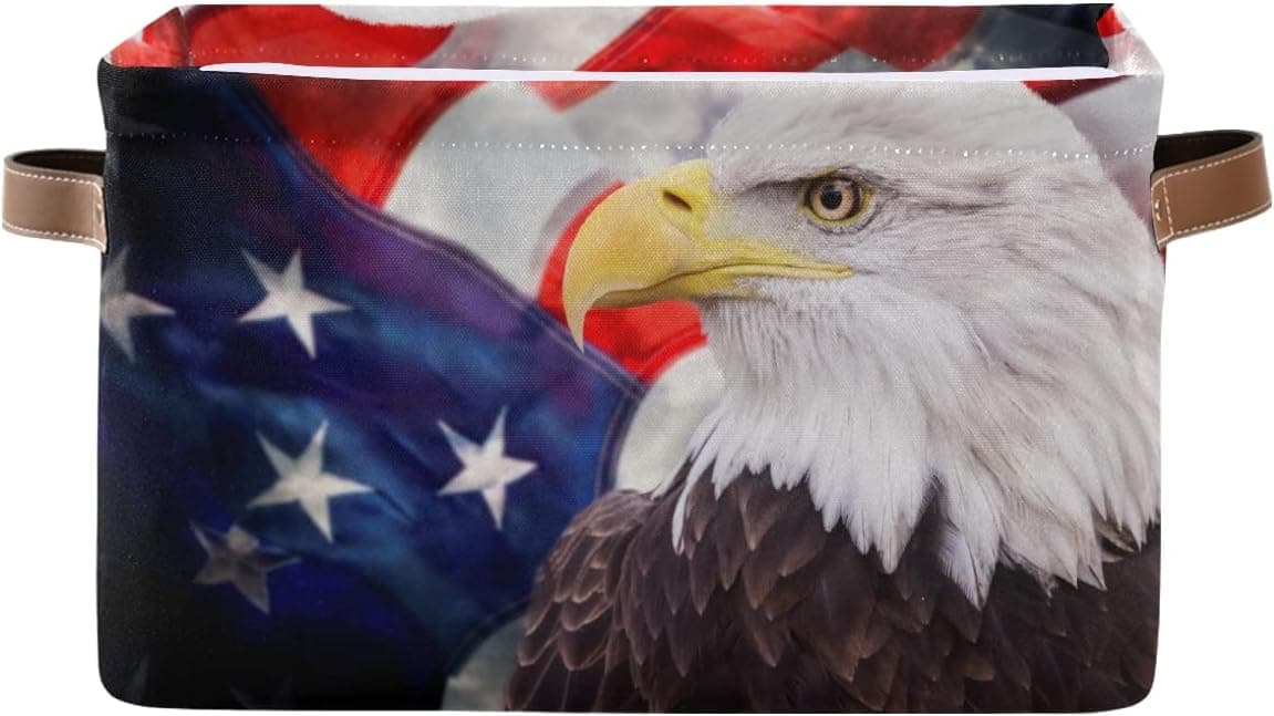 Foldable Storage Baskets,American Flag Eagle Storage Bins with Handles, Decorative Cloth Organizer Storage Boxes for Home|Office 15 x 11 x 9.5 in