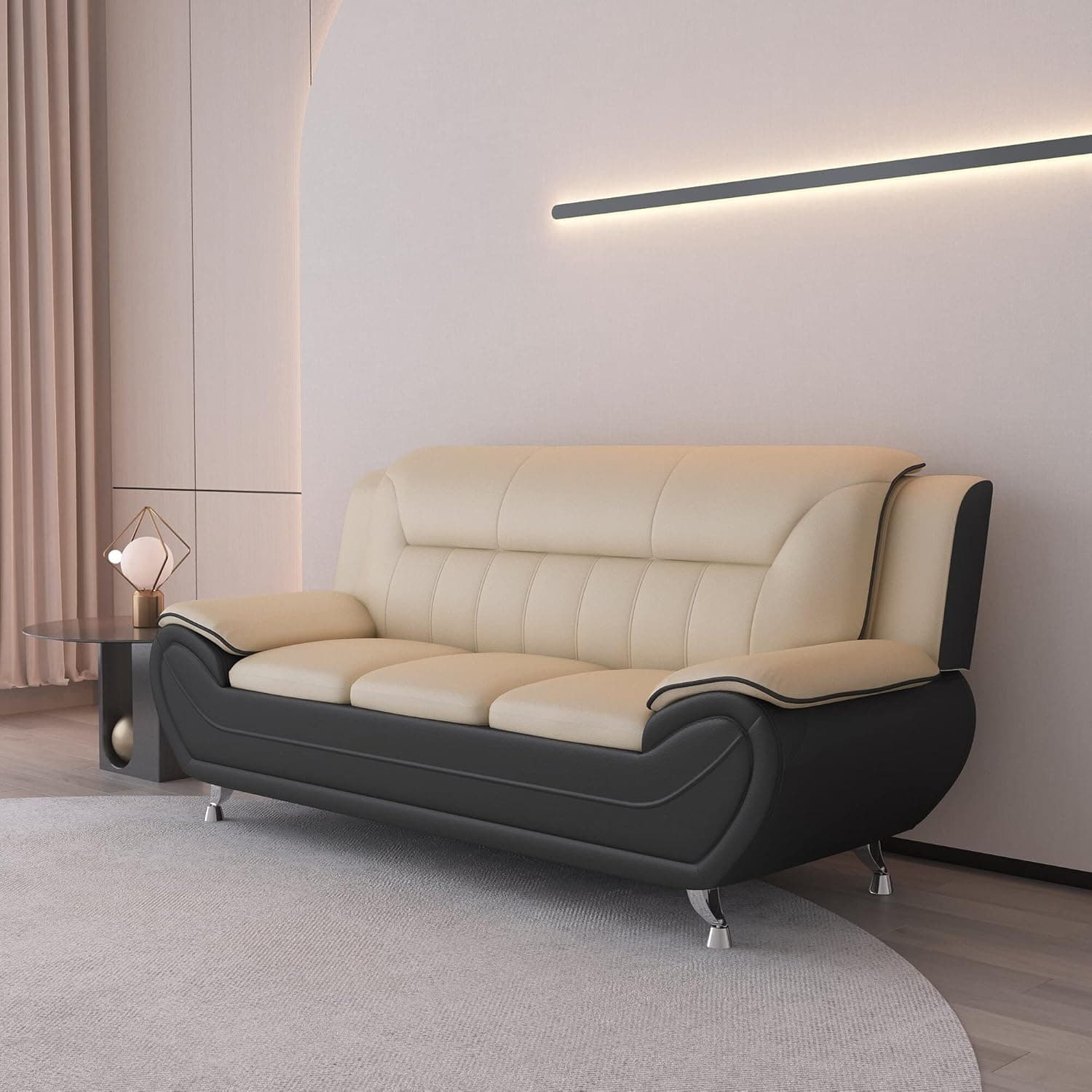 Container Furniture Direct Michael Modern Faux Leather Upholstered Stainless Steel Legs Living Room, Sofa, Black Camel