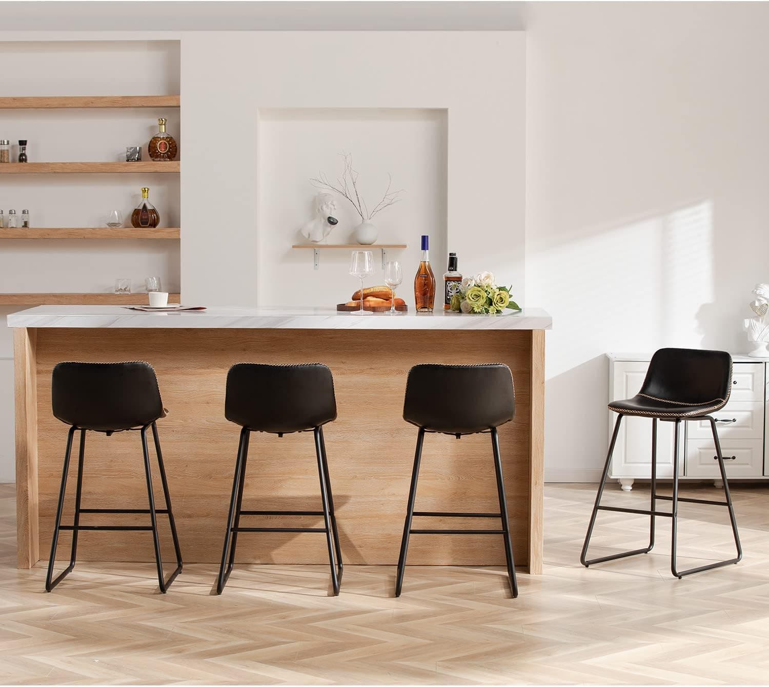 HeuGah Bar Stools Set of 4,Faux Leather Counter Height Bar Stools,26" Bar Chairs with Back,Modern Counter Stool for Kitchen Island (4, Black)