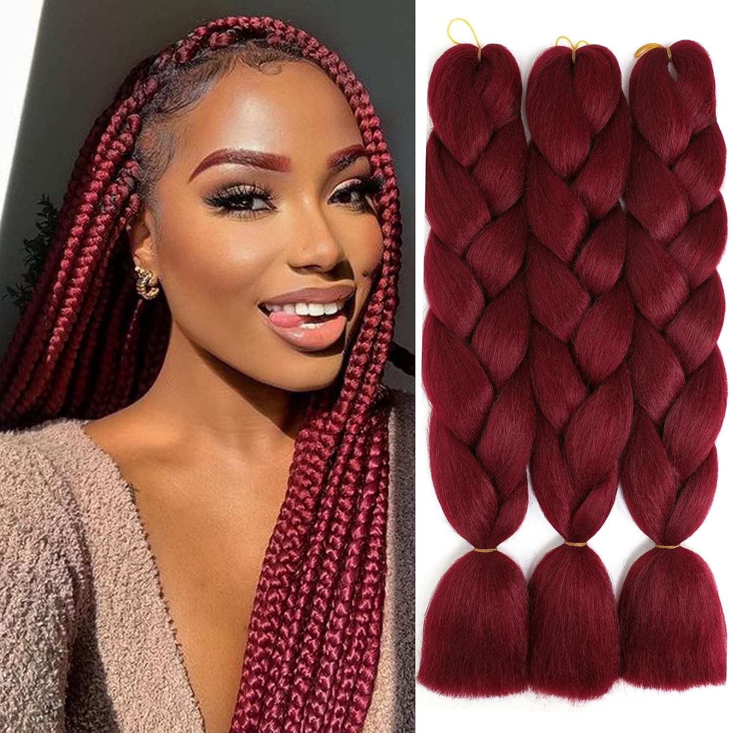 Burgundy Braiding Hair 3 Packs Jumbo Braiding Hair Synthetic Braids Hair Extensions 24 Inch Red Wine Hair for Box Twist Braiding