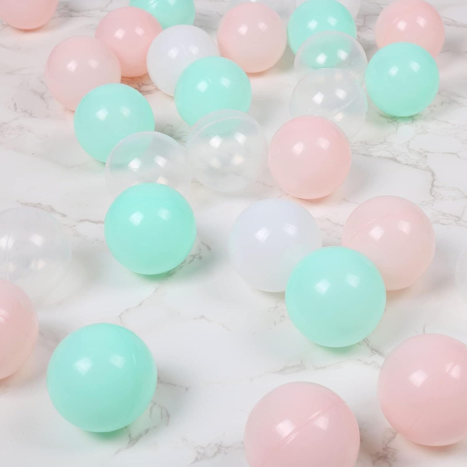 Ball Pit Balls Pack of 50, 2.2 inches BPA Free Plastic Balls Crush Proof Ocean Balls Phthalate Free Toys for Boys Girls Toddlers Indoor Outdoor - Light Pink, Green, White, Transparent