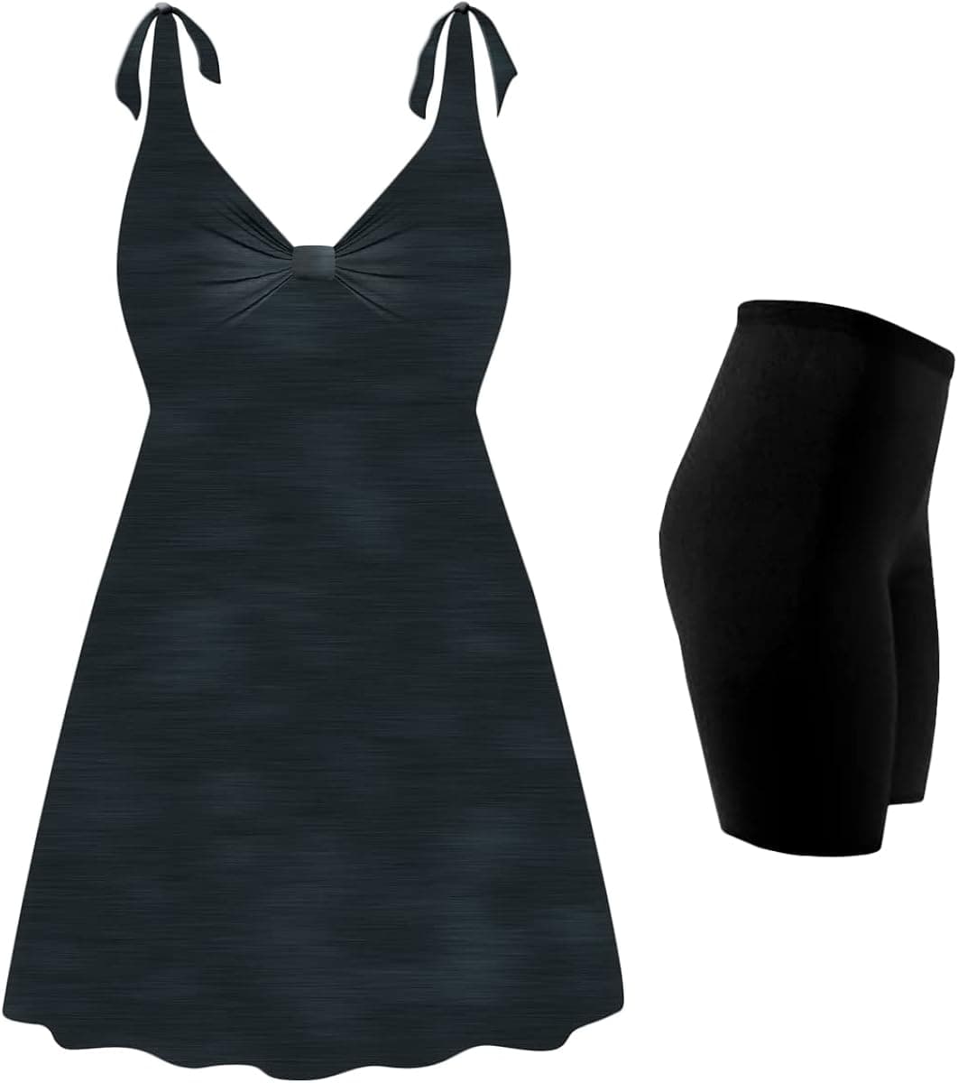 Plus Size Womens Swimsuit Dark Denim Two-Piece Shoulder Halter Swimsuit with Swim Short or Panty Bottom