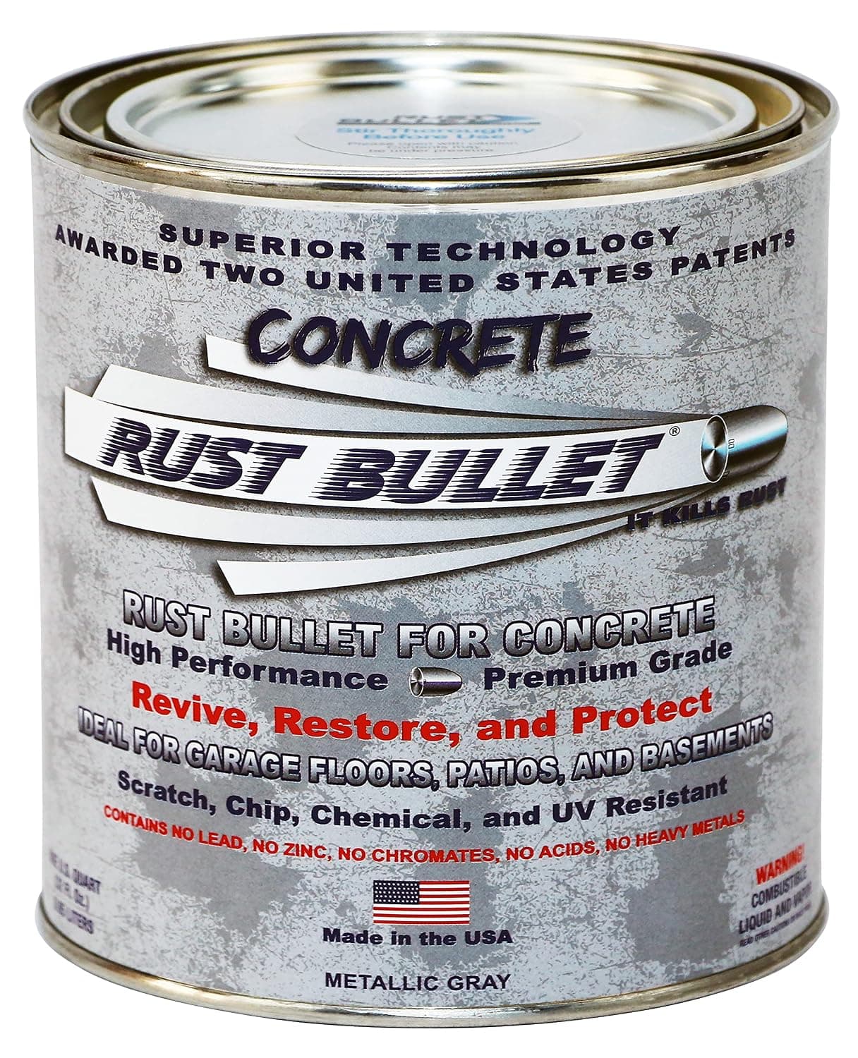 Rust Bullet for Concrete, Super-Tough Protective Floor Coating, Enhances Appearance and Adds Years of Life to Concrete Surfaces - Quart, Metallic Gray