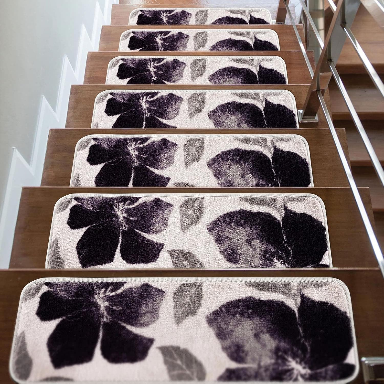 CAMILSON Stair Treads Runner Mats - Non Slip Rug Pads for Indoor Outdoor Carpet - Pet Dog Stair Step Covers (Set of 13, Floral Black