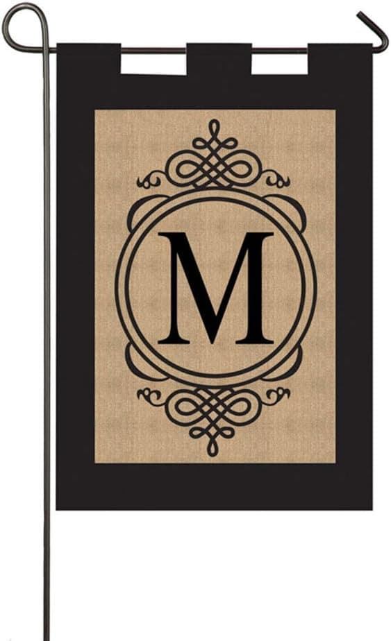 Burlap M Monogram Garden Flag with Metal Stand