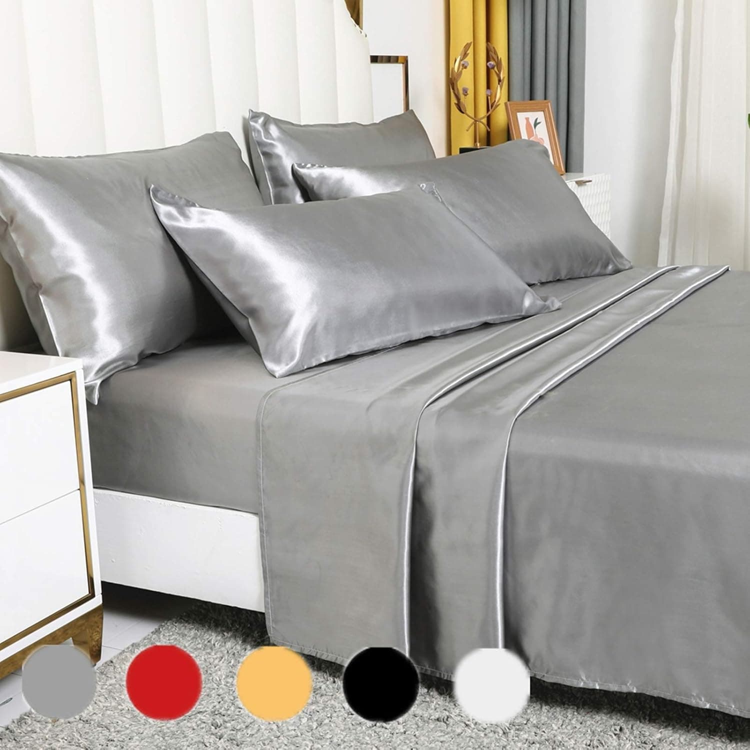 TANPAUL 6- Pieces Silk Bed Sheet Set Luxury Rich Satin Gray Smooth and Silky with Deep Pocket Fitted Sheet，Solid Color Ultra Soft Hypoallergenic Reversible Stain-Resistant (Queen, Grey)