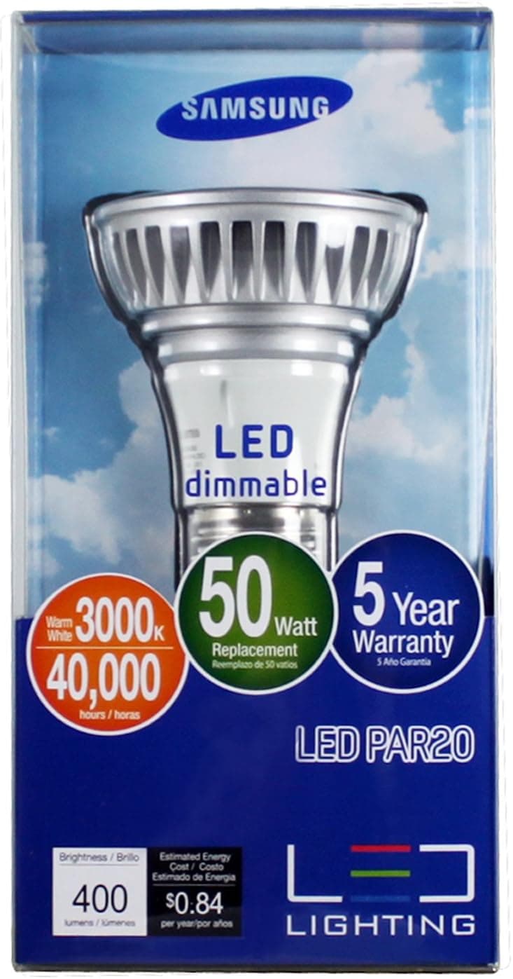 3 Pack of Samsung 50-Watt Equivalent Indoor Warm White LED Light Bulb (ENERGY STAR), Dimmable, PAR20, 7W 400Lumens