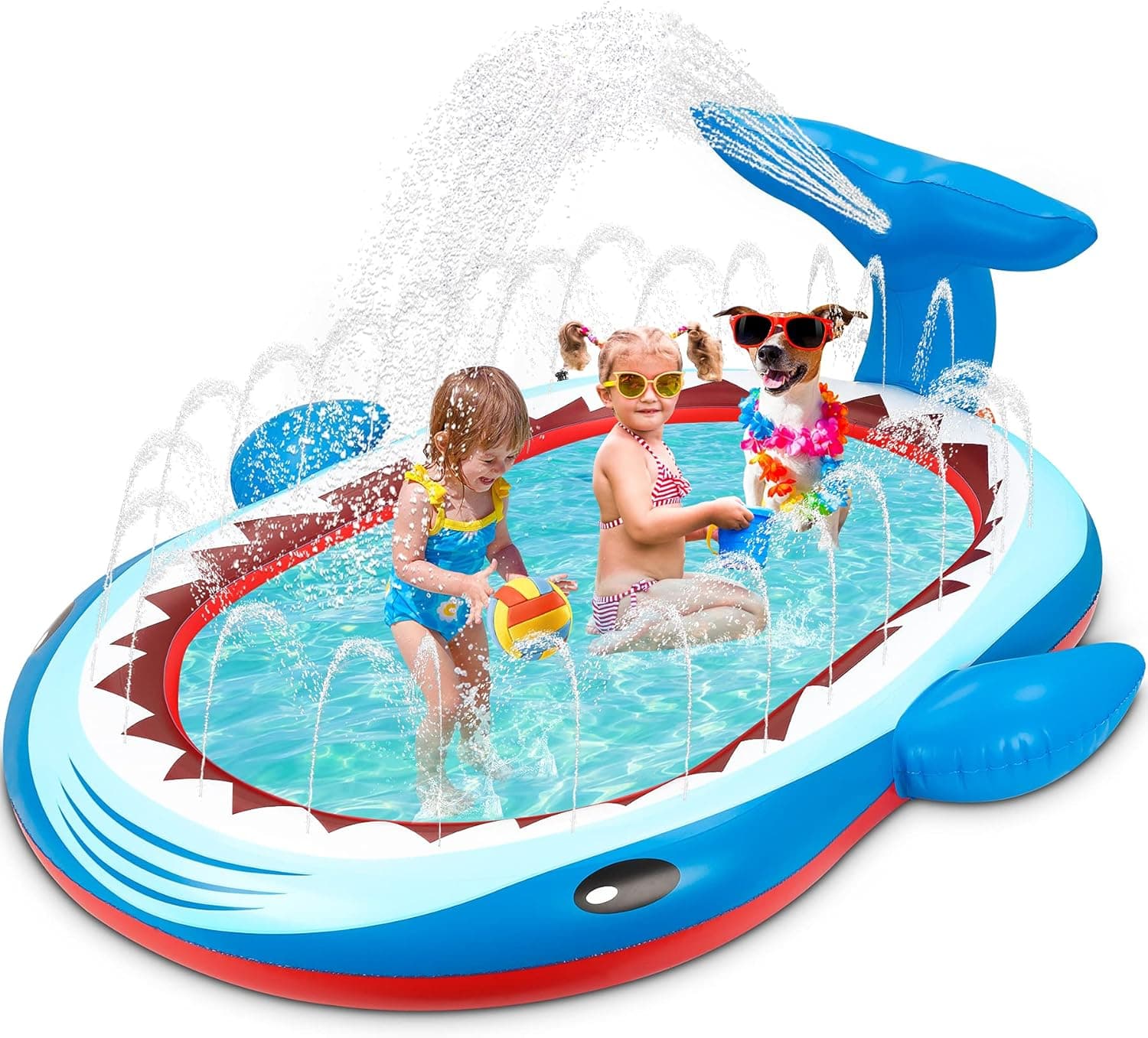 Inflatable Kiddie Sprinkler Pool, Unique Shark Splash Pad Thicker PVC, Inflatable Pool with Shark's Tail & Edge Spray Water Toddlers Wading Swimming Pool Extra Large Outdoor Play Mat for Kids & Adults