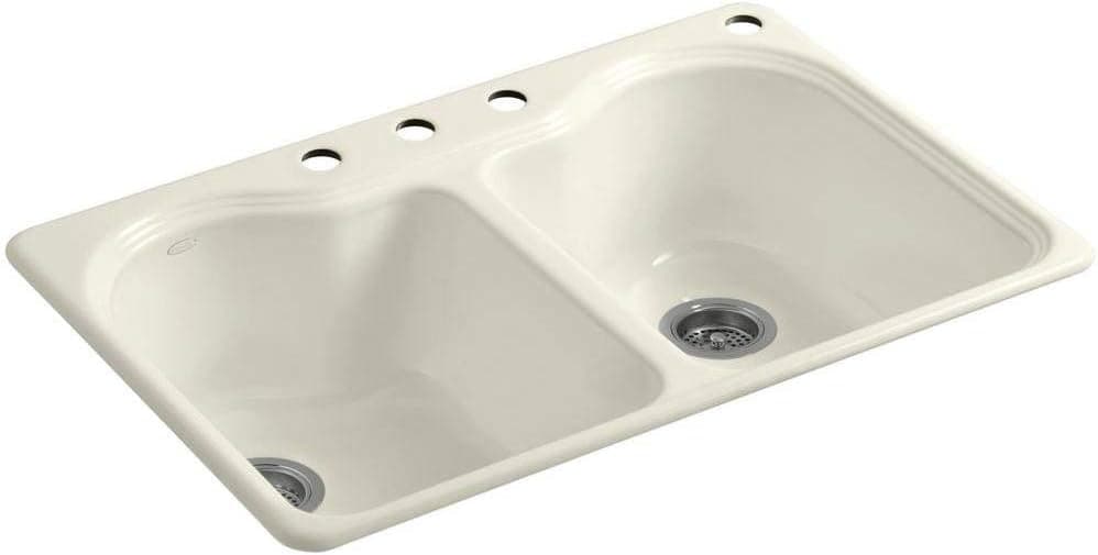 KOHLER K-5818-4-96 Hartland Self-Rimming Kitchen Sink with Four-Hole Faucet Drilling, Biscuit