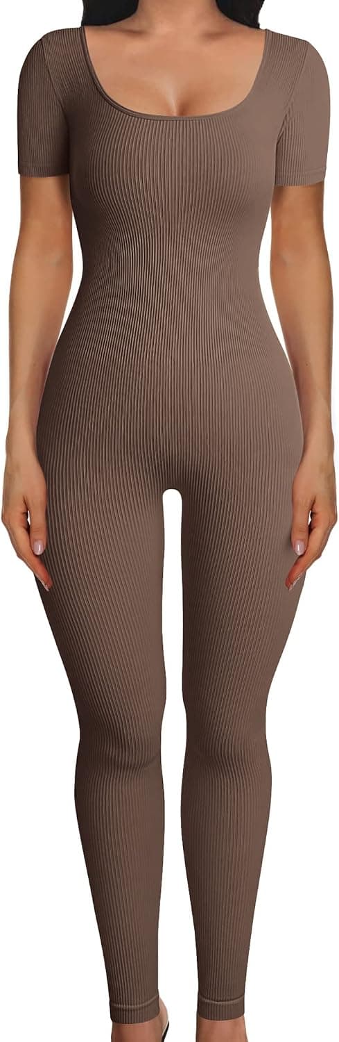 PRETTYGARDEN Women's Sexy Bodycon Jumpsuits Short Sleeve Square Neck Ribbed Knit One Piece Outfit Summer Rompers