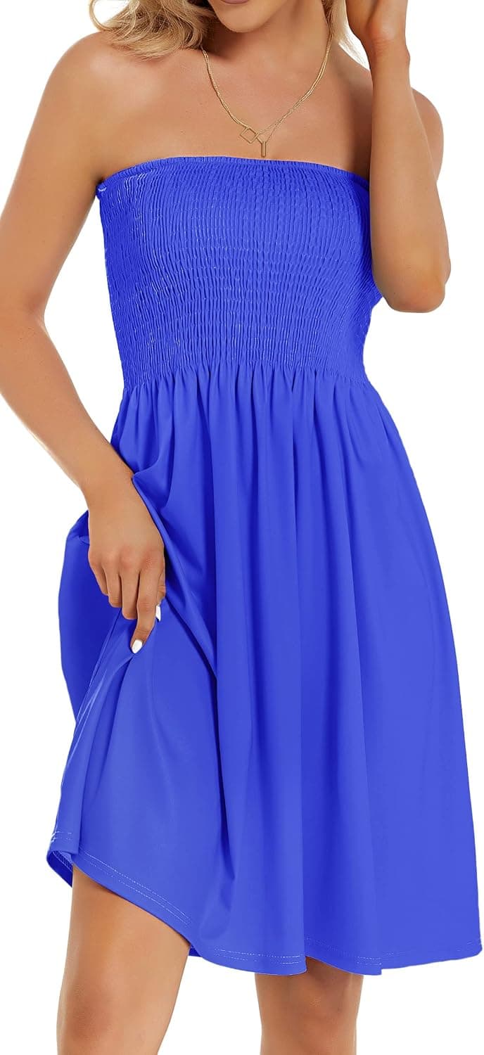 CHICGAL Womens Summer Sun Dress Casual Beach Strapless Cover ups Wedding Guest Dresses Tube Sundress (Rayol Blue,M)