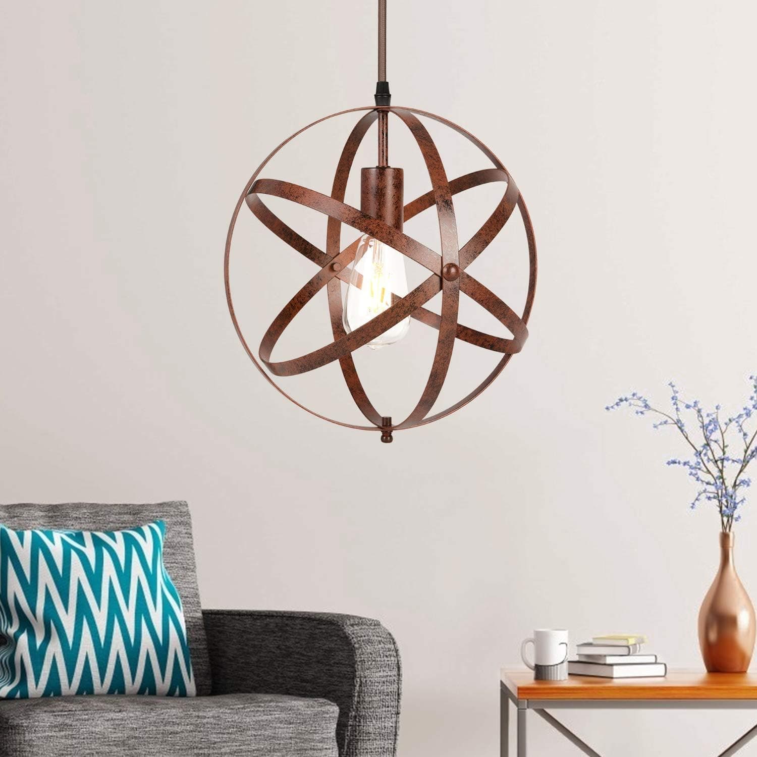 GRUSTRUST Industrial Metal Spherical Pendant Light Golden Chandelier Ceiling Light Hanging Lighting Fixture for Bedroom, Bar Counter, Study Room(Bulb Not Included)