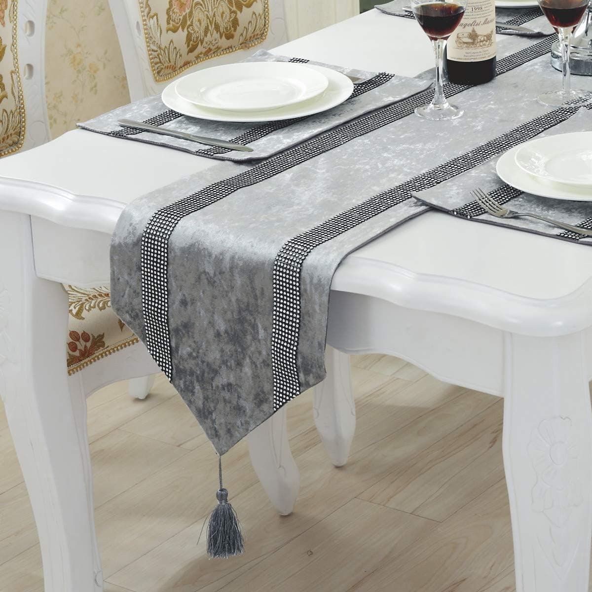 San Tungus 13x72-Inches European Style Rhinestone Table Runner with Tassel Decoration for Party and Wedding, Grey